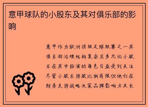意甲球队的小股东及其对俱乐部的影响